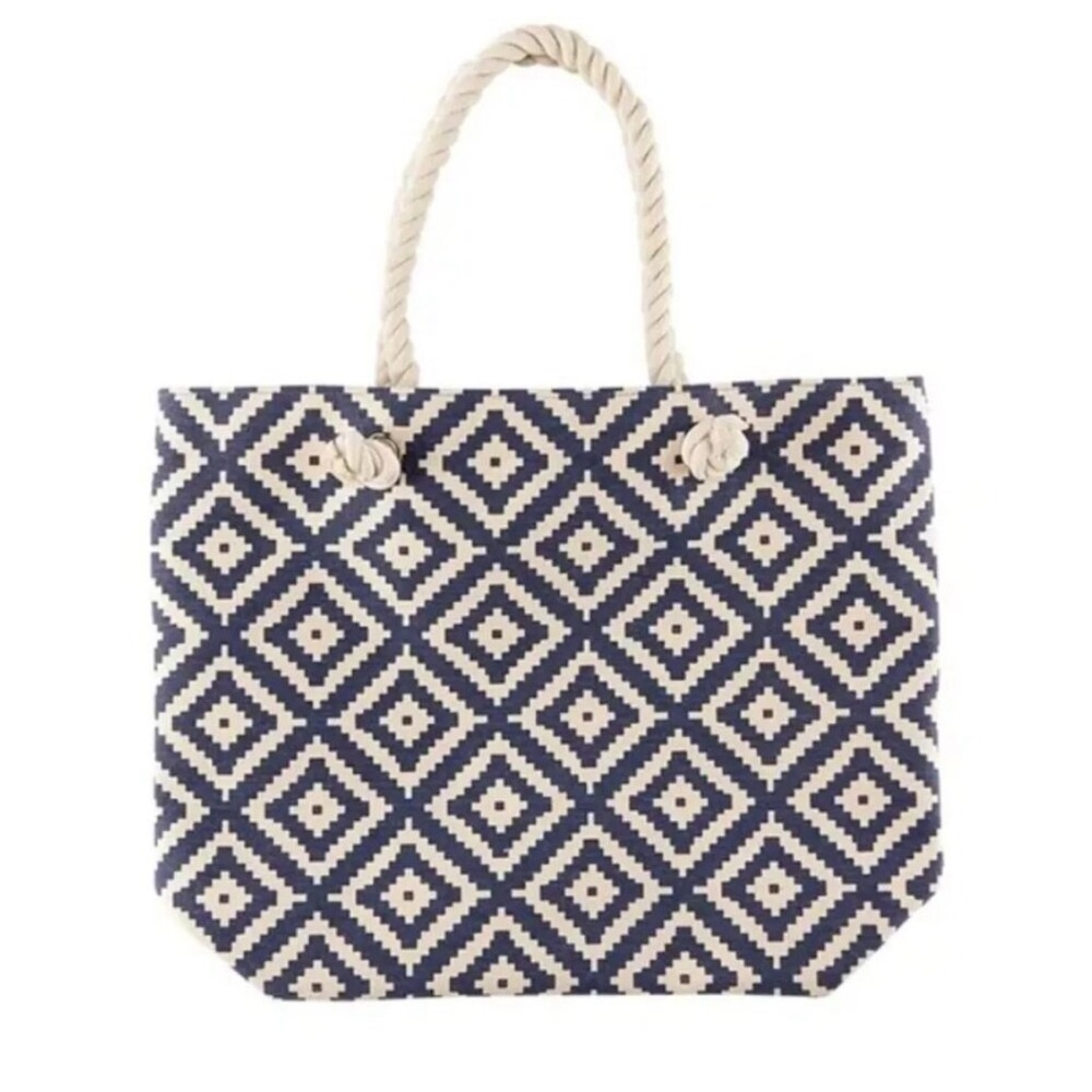 summer & rose Navy and Cream Geometric Rope-Handle Tote